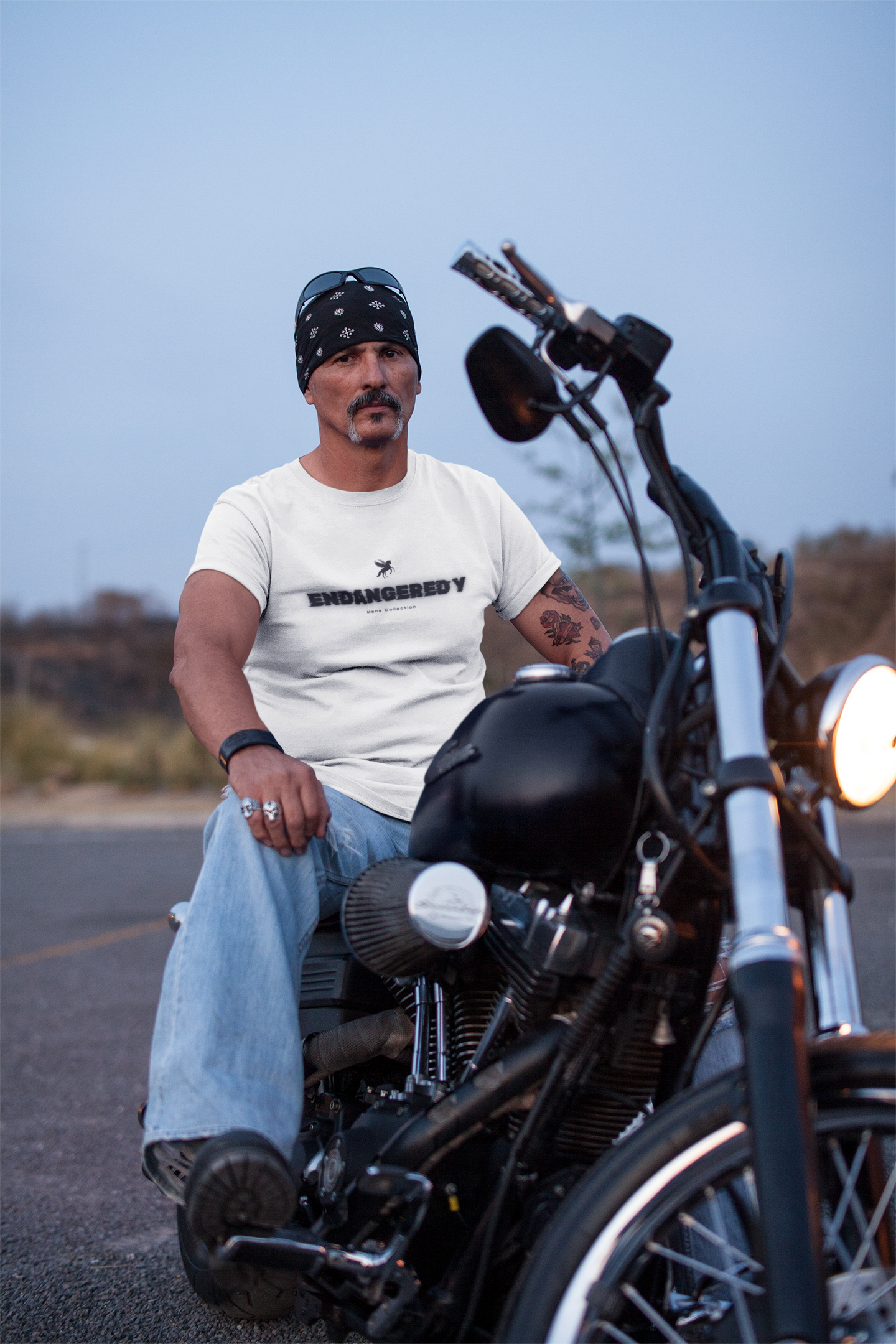 t shirt mockup featuring a serious biker man on his motorcycle 20219